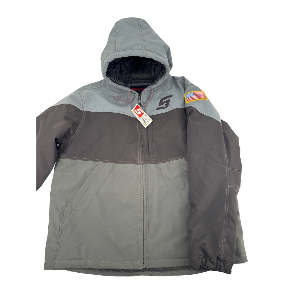 Snap-on Hooded Jacket Mens XL Grey Black Quilted Workwear Coat American Flag NWT